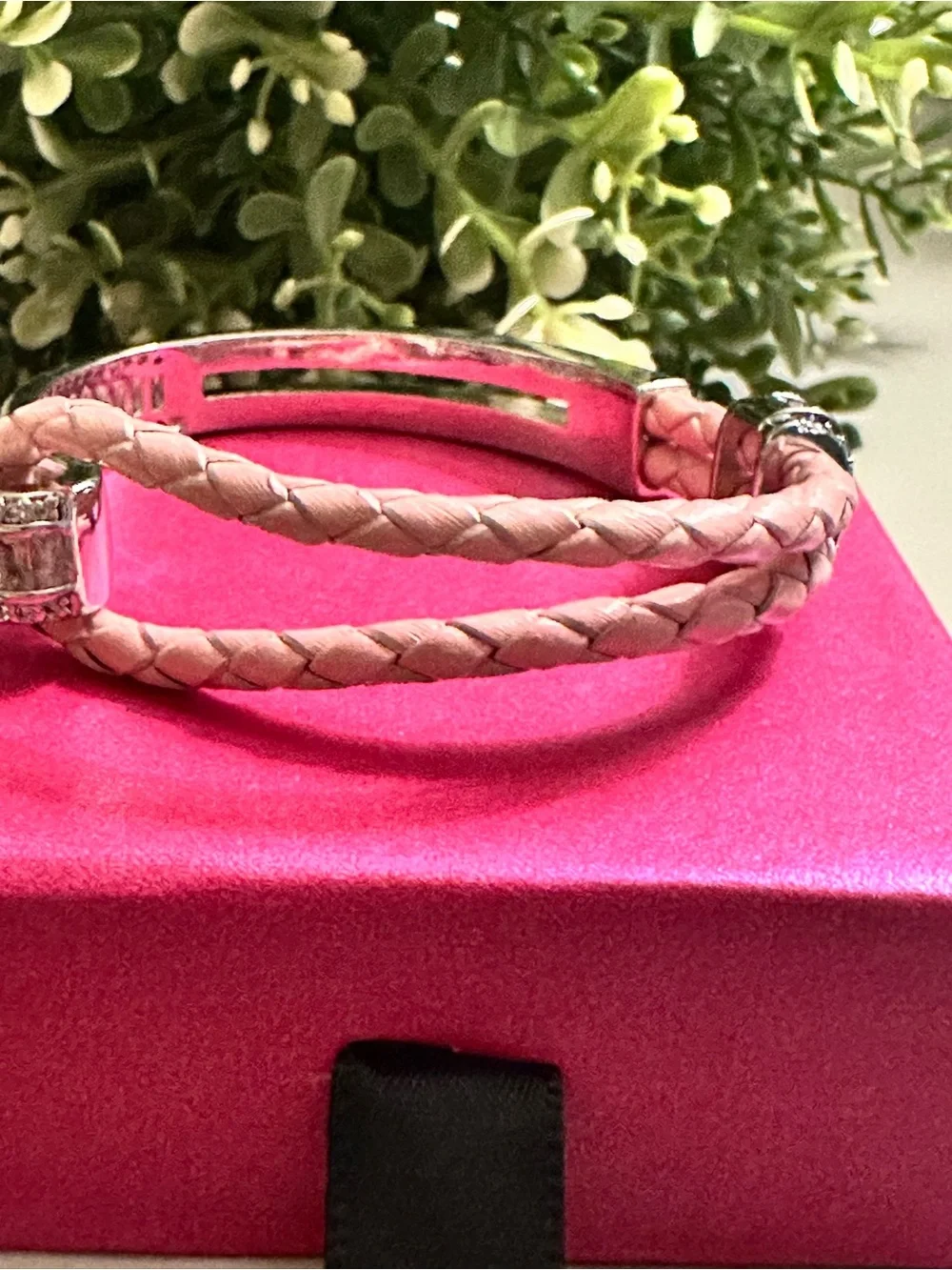 Braided Pink Leather Bracelet with Silver Bar Accent